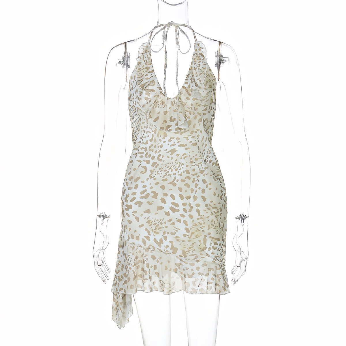 Leopard Print Halter V Neck Mini Dress Sexy Backless Lace Up Ruffle Dress