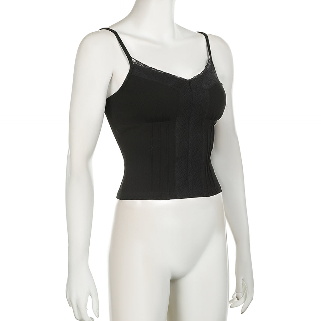 Patchwork Lace Trim Cami Top V Neck Sleeveless Slim Fit Tank Top