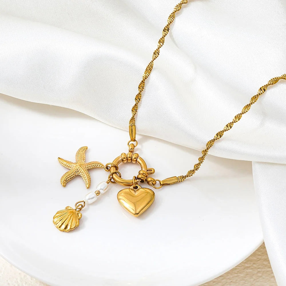 Joolim PVD Plated Wholesale Waterproof Starfish Shell Heart Pearl Pendant Multi Charm Toggle Necklace Stainless Steel Jewelry