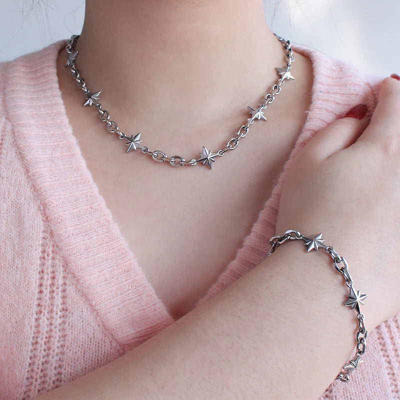 Stainless Steel Figaro Chain Link Bracelet Star Charm