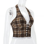 French Plaid Halter Crop Top Checkered Sleeveless Cami