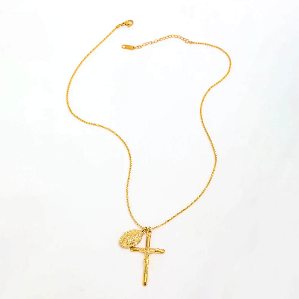 Joolim Jewelry Gold Plated Cross Oval Pendant Choker Necklace Stainless Steel Jewelry Wholesale