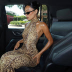 Leopard Print Turtleneck Backless Bandage Cut Out Maxi Dress Sleeveless Slit Dress