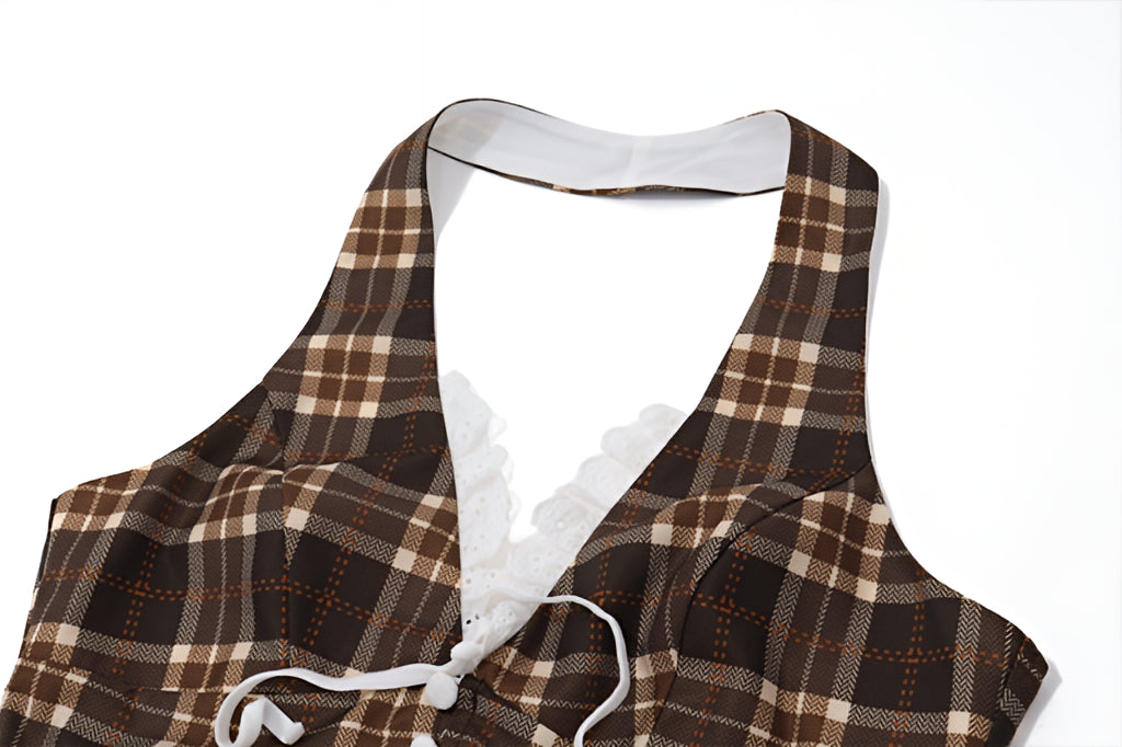 French Plaid Halter Crop Top Checkered Sleeveless Cami