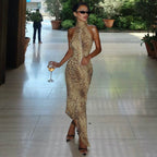 Leopard Print Turtleneck Backless Bandage Cut Out Maxi Dress Sleeveless Slit Dress