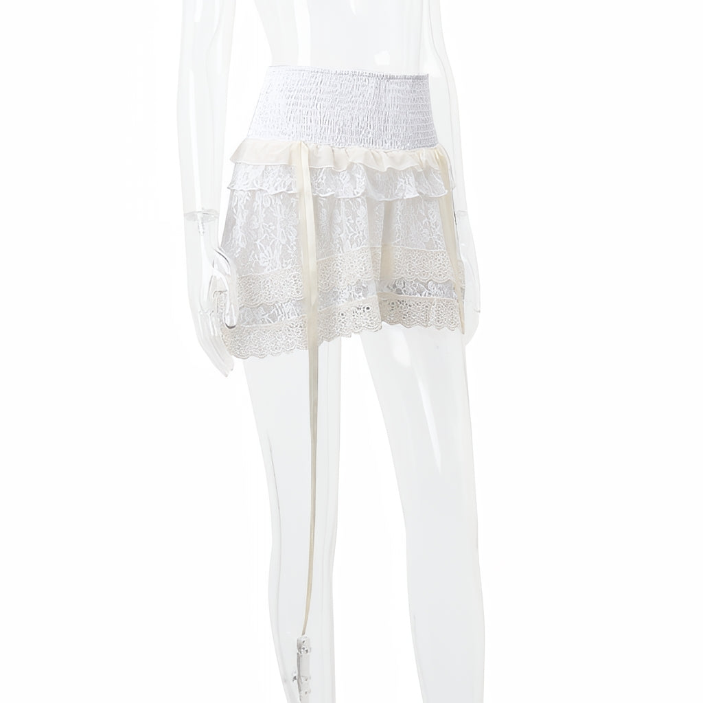 White A Line Ruffle Skirt High Waist Elastic Patchwork Lolita Mini Skirt
