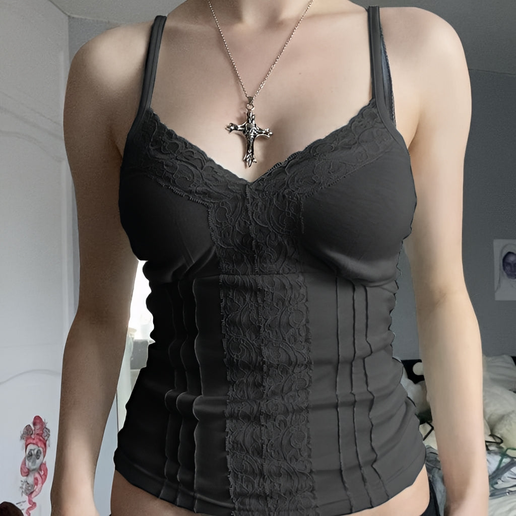 Patchwork Lace Trim Cami Top V Neck Sleeveless Slim Fit Tank Top