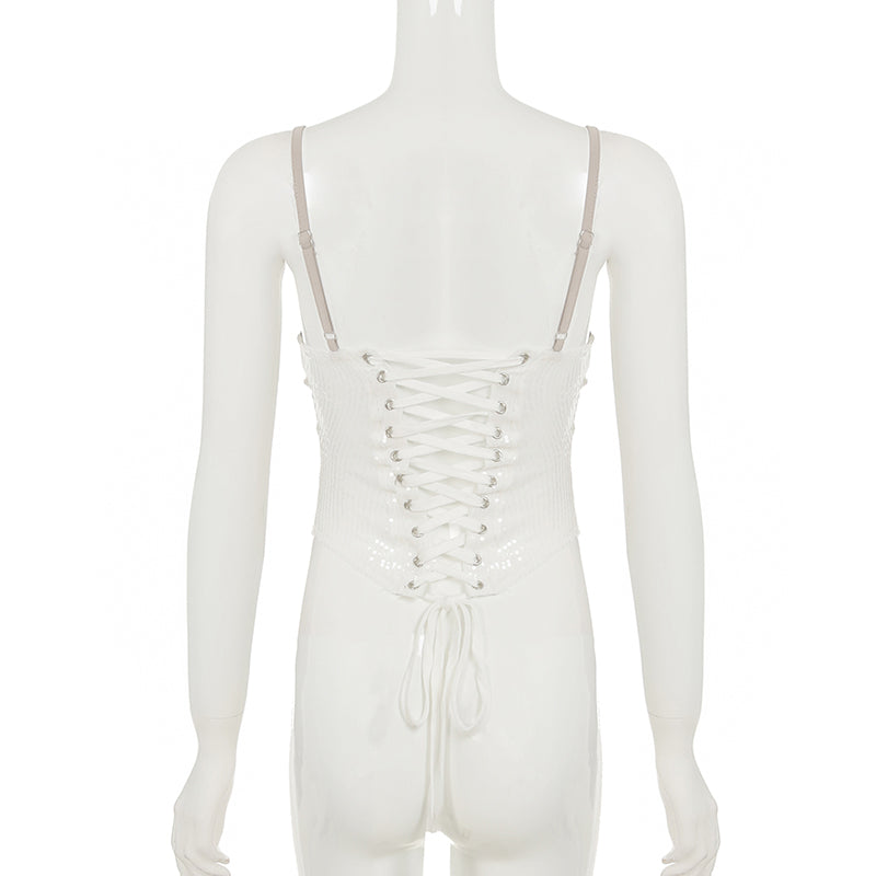 Lace Mesh Sequin Corset Top Back Tie Strap Cami Evening Wear