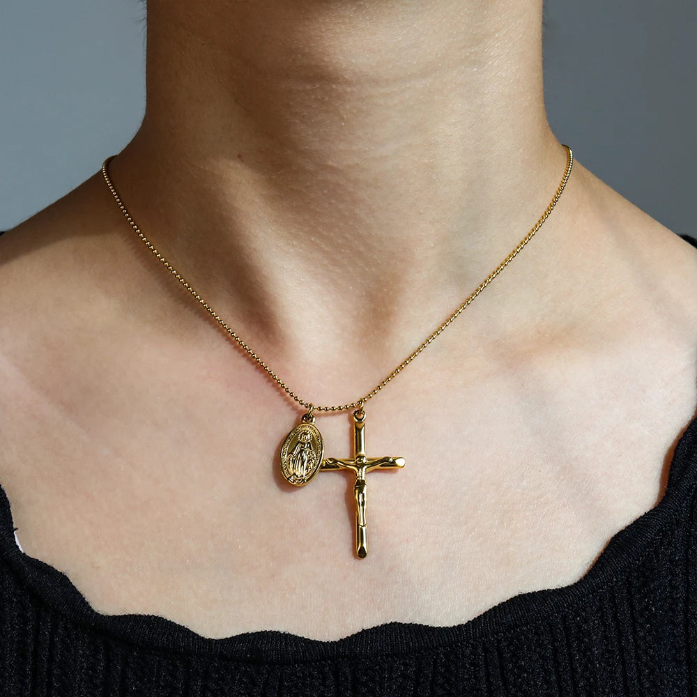 Joolim Jewelry Gold Plated Cross Oval Pendant Choker Necklace Stainless Steel Jewelry Wholesale