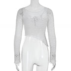 Lace Crop Top Contrast Bandage Long Sleeve Y2K Tee