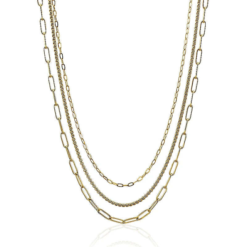18k Gold Plated Paperclip Box Chain Triple Layer Necklace