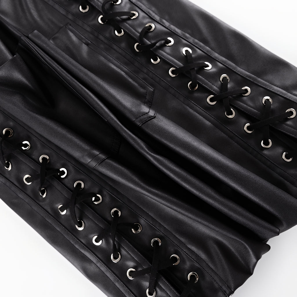 PU Leather Lace Up High Waist Mini Skirt Side Slit