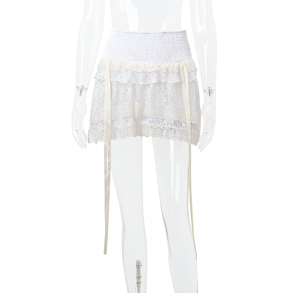 White A Line Ruffle Skirt High Waist Elastic Patchwork Lolita Mini Skirt