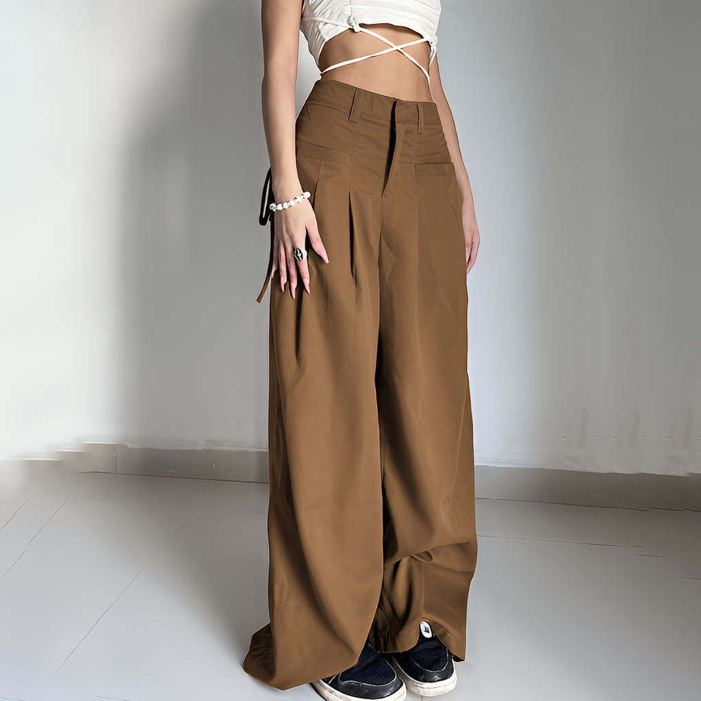 Solid Drawstring Cargo Pants Y2K Loose Streetwear Joggers Wide Leg Sweatpants