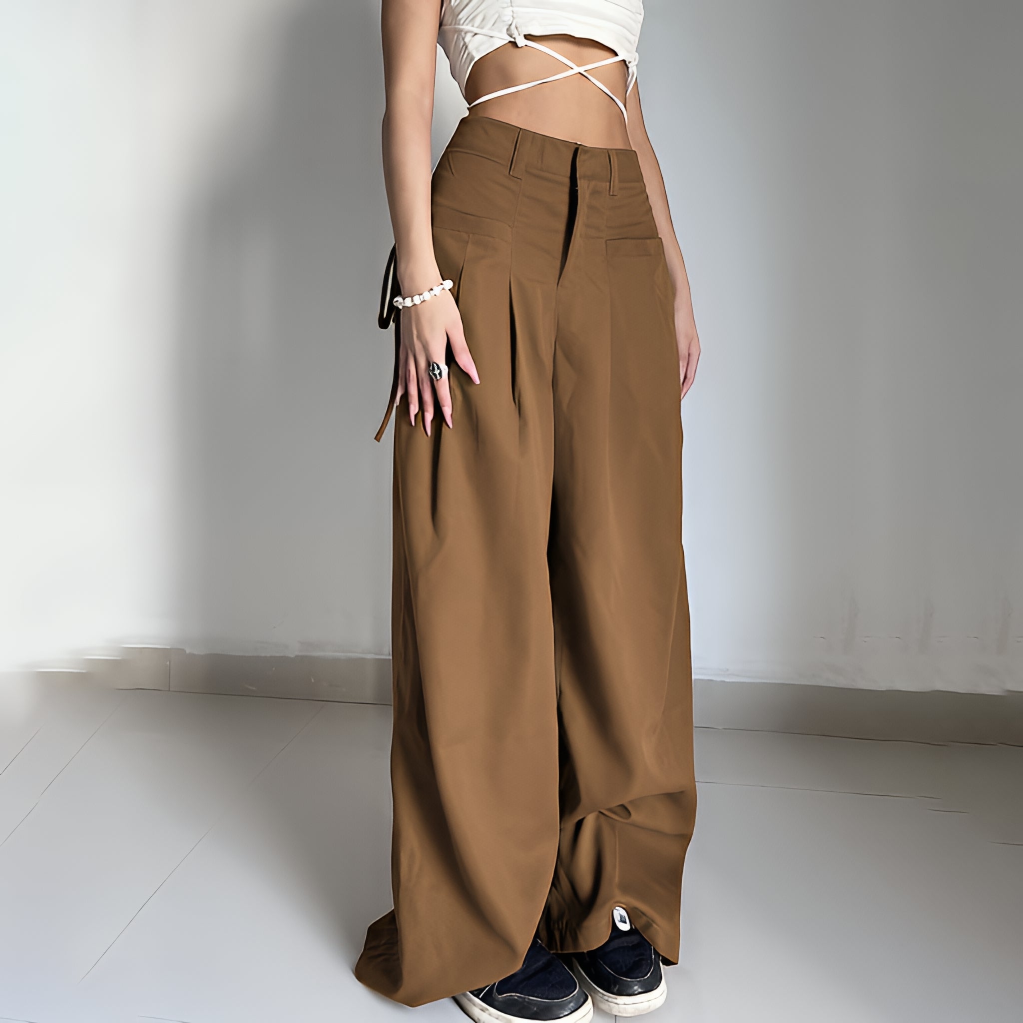 Solid Drawstring Cargo Pants Y2K Loose Streetwear Joggers Wide Leg Sweatpants