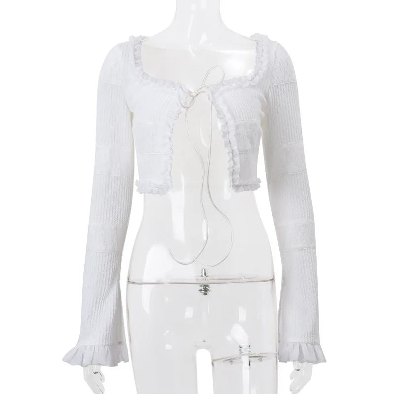 Hollow Out Crop Top Ruffle Biker Shorts Set