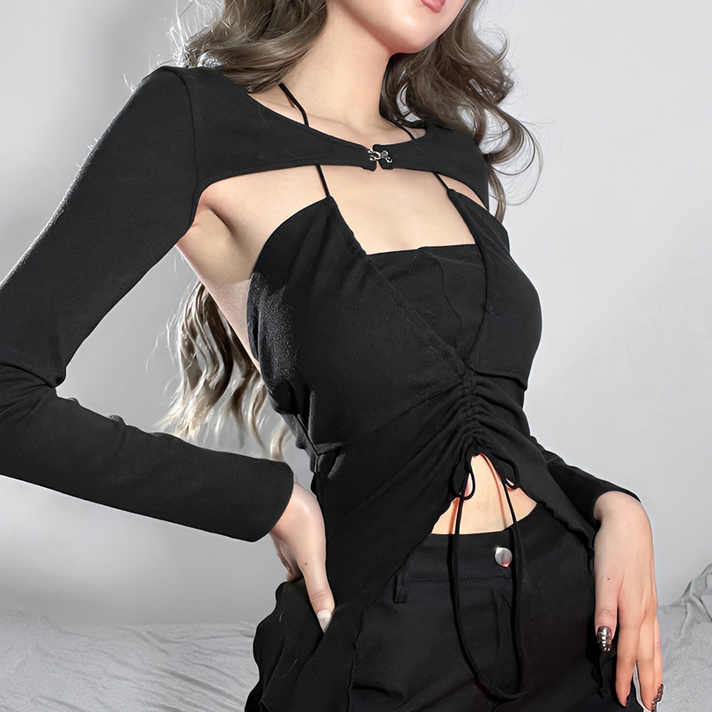 Hollow Cut Out Lace Up Long Sleeve Blouse Casual Slim Fit Top