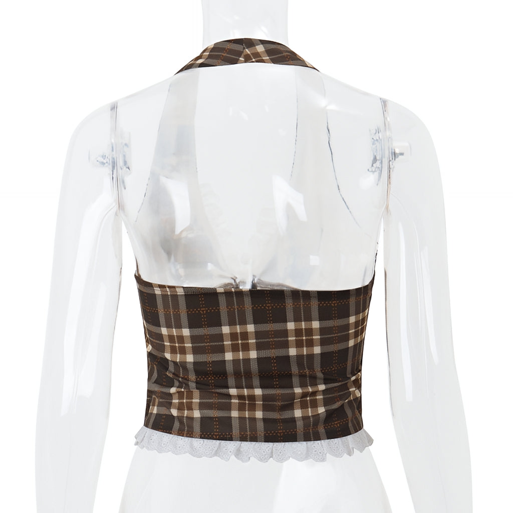 French Plaid Halter Crop Top Checkered Sleeveless Cami