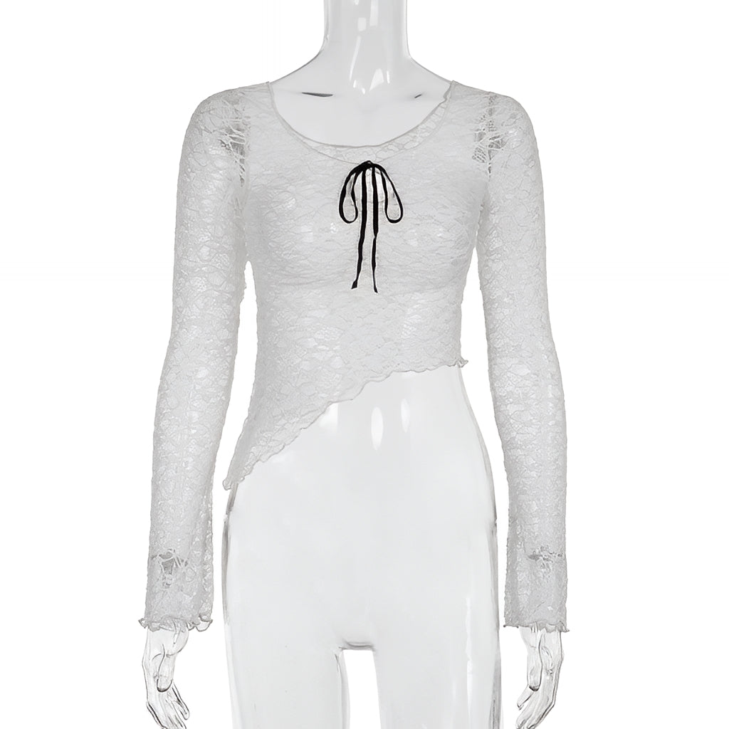 Lace Crop Top Contrast Bandage Long Sleeve Y2K Tee