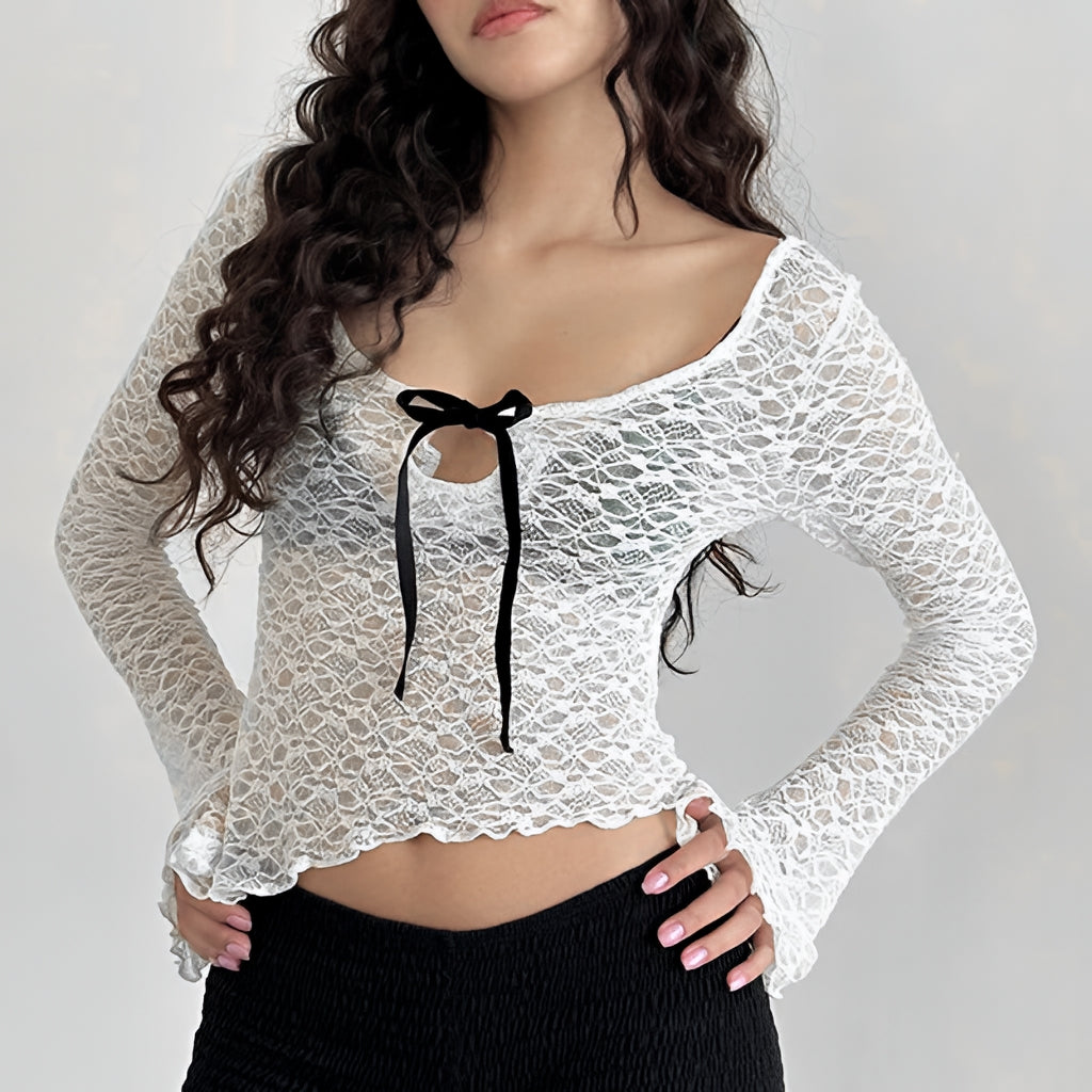 Lace Crop Top Contrast Bandage Long Sleeve Y2K Tee