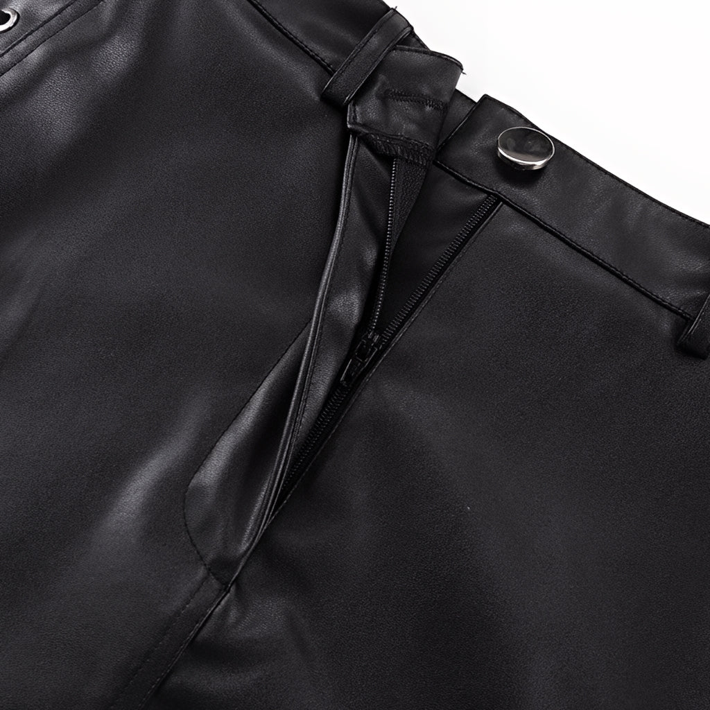 PU Leather Lace Up High Waist Mini Skirt Side Slit