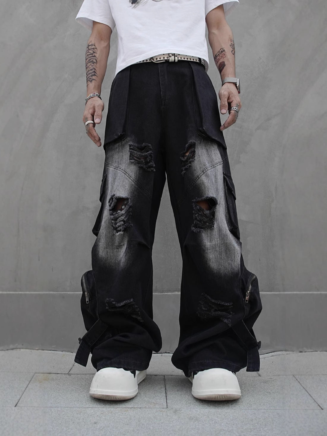 Denim Mid Rise Straight Leg Jeans Multi Pocket