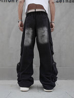 Denim Mid Rise Straight Leg Jeans Multi Pocket