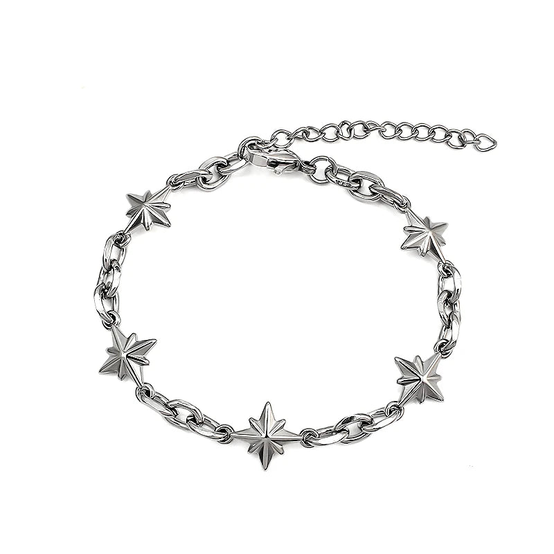 Stainless Steel Figaro Chain Link Bracelet Star Charm