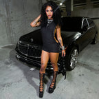 Solid Color Hollow Out Mini Shirt Dress Sleeveless Streetwear