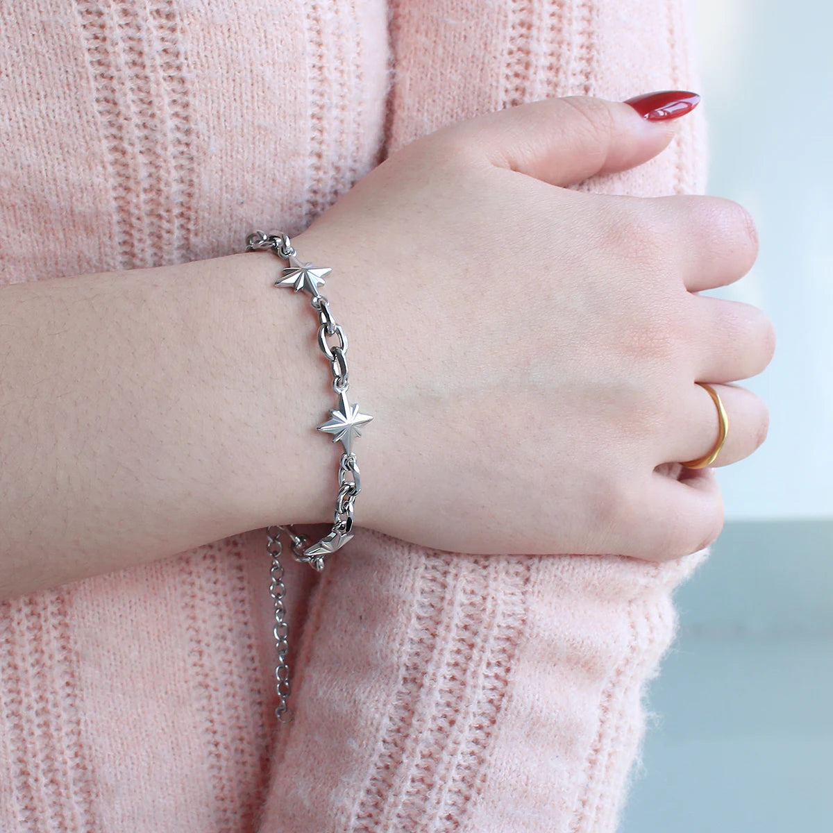 Stainless Steel Figaro Chain Link Bracelet Star Charm
