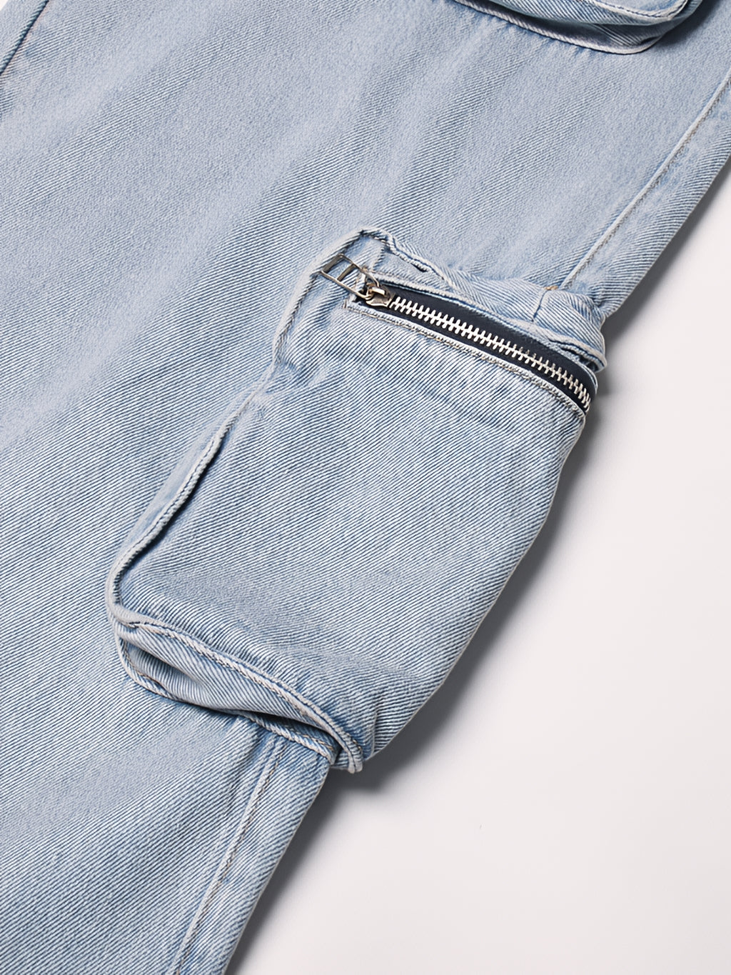 Washed Blue Denim Baggy Cargo Straight Jeans