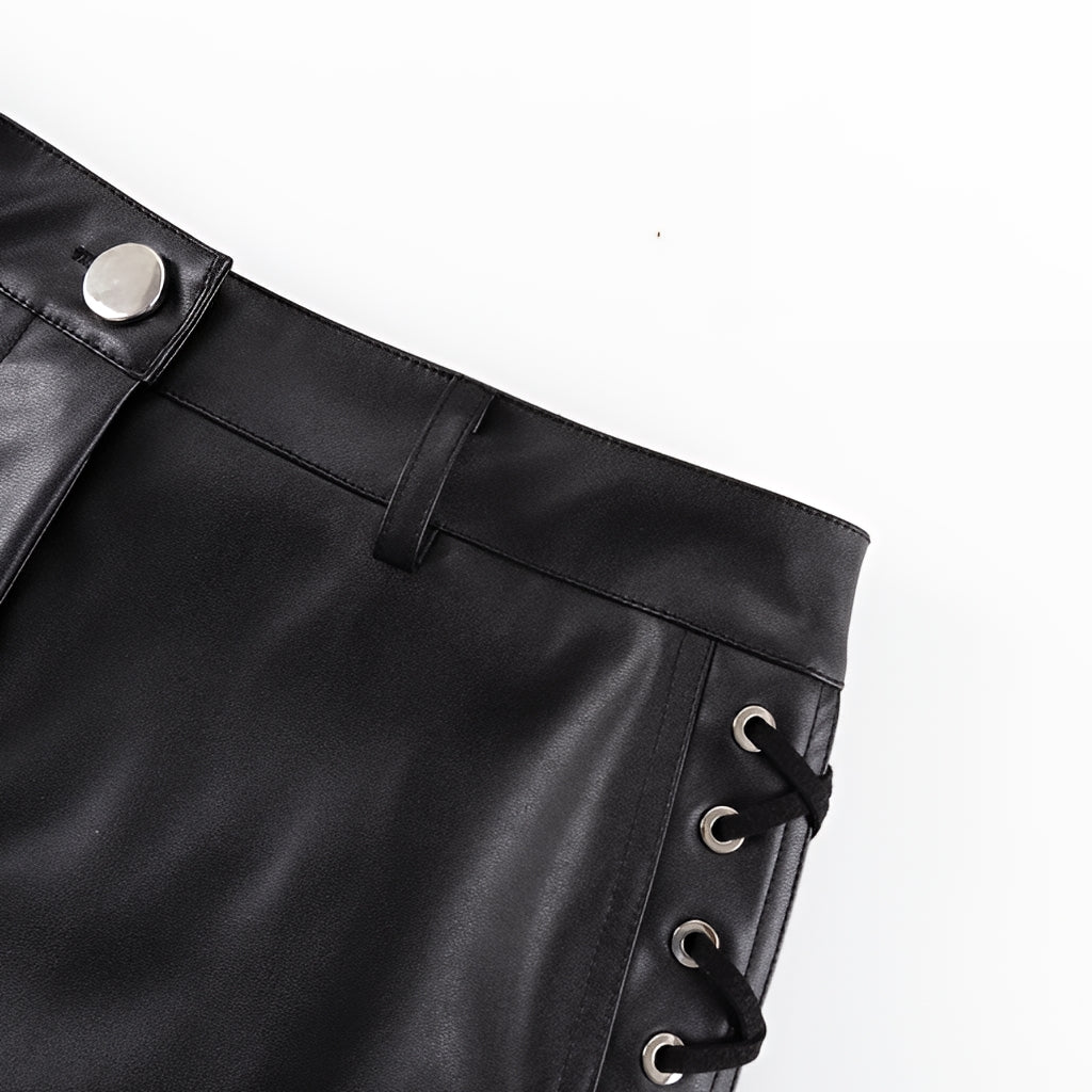 PU Leather Lace Up High Waist Mini Skirt Side Slit