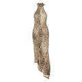 Leopard Print Turtleneck Backless Bandage Cut Out Maxi Dress Sleeveless Slit Dress