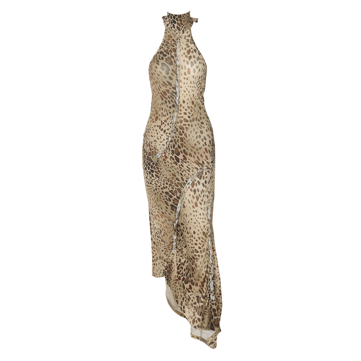 Leopard Print Turtleneck Backless Bandage Cut Out Maxi Dress Sleeveless Slit Dress