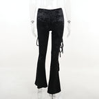 Y2K Lace Up Velvet Skinny Pants High Waist Hollow Out Pencil Trousers