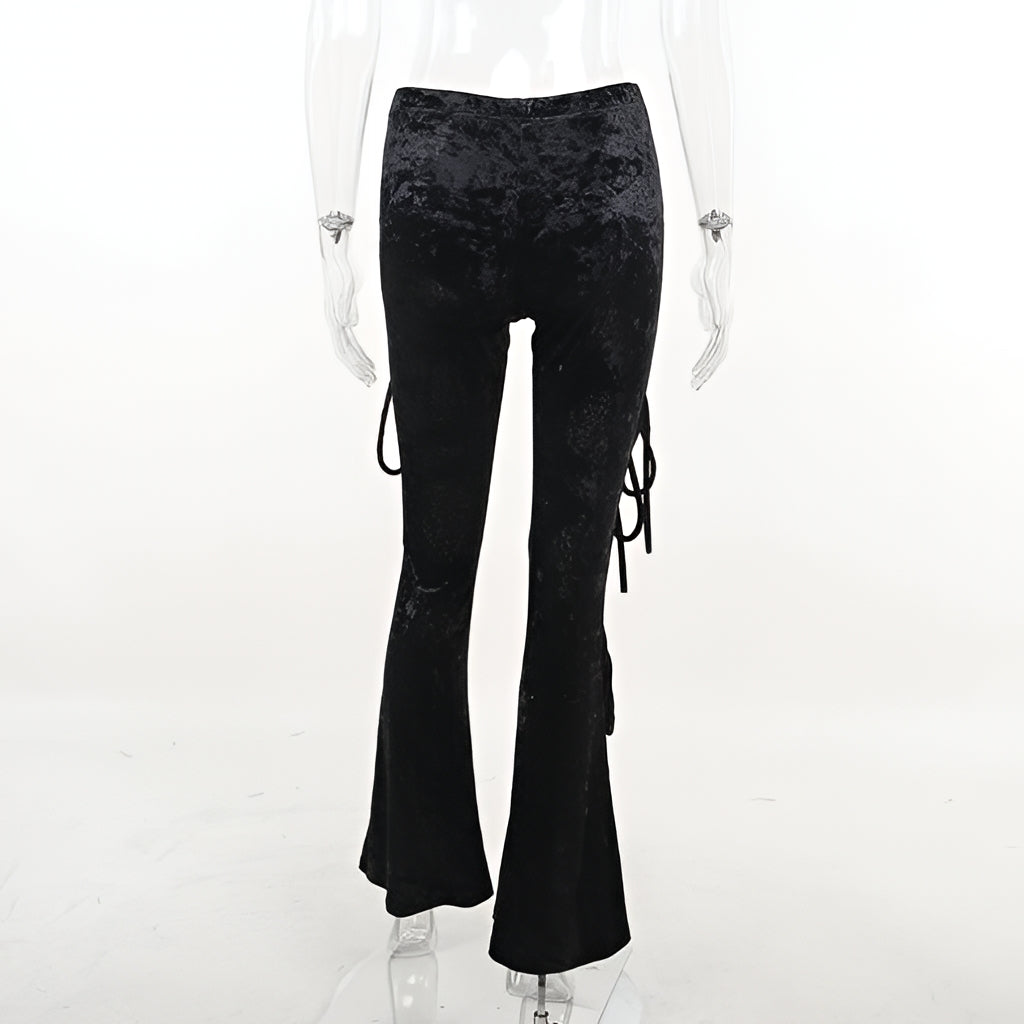 Y2K Lace Up Velvet Skinny Pants High Waist Hollow Out Pencil Trousers
