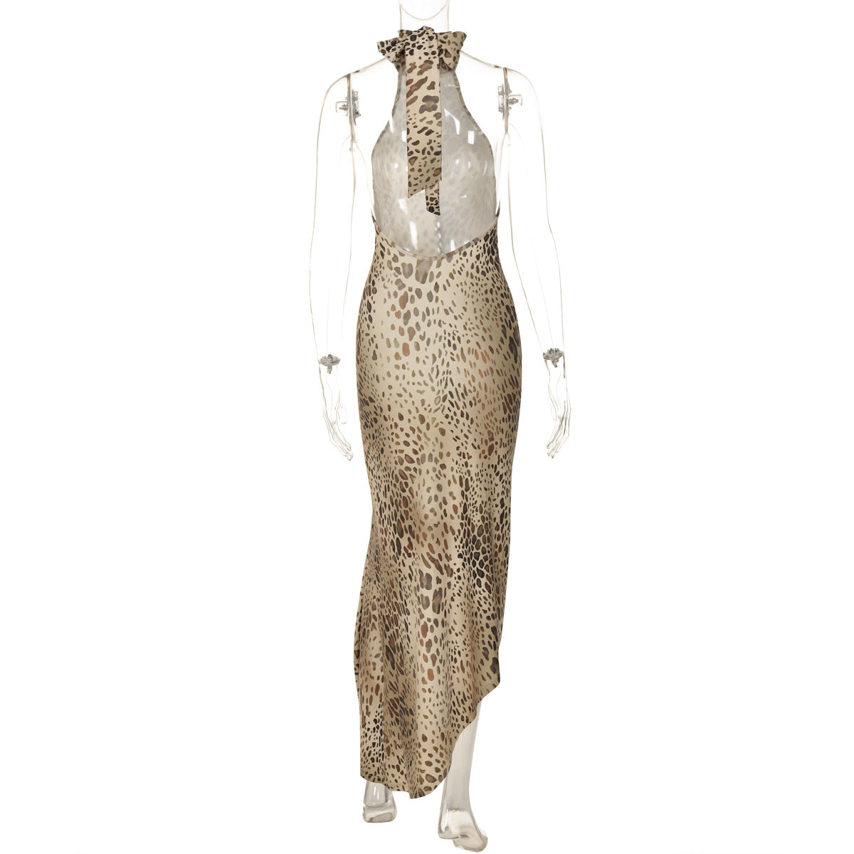 Leopard Print Turtleneck Backless Bandage Cut Out Maxi Dress Sleeveless Slit Dress