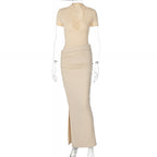 V-Neck Bodycon Long Dress Elegant Solid Color Maxi Dress