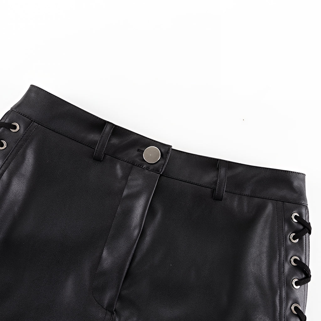 PU Leather Lace Up High Waist Mini Skirt Side Slit