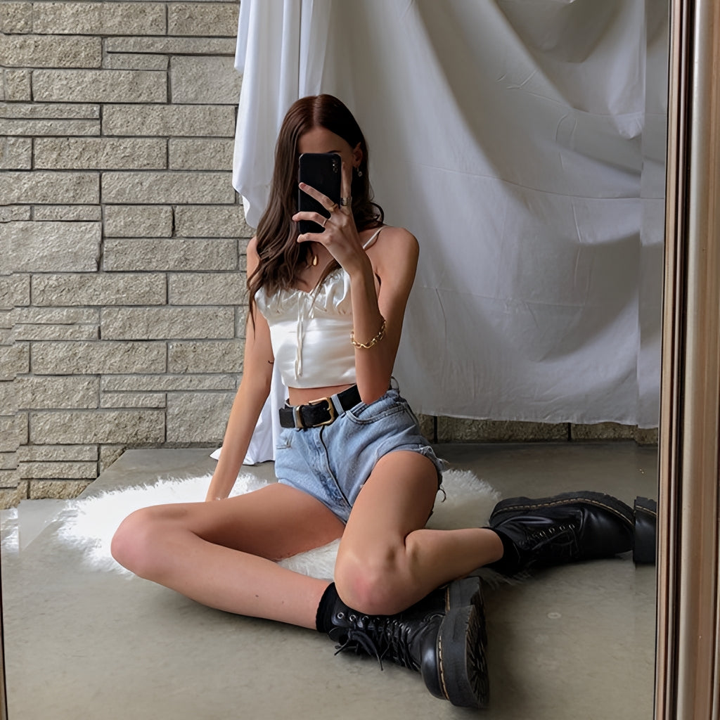 Satin Lace Up Bow Crop Top Sleeveless Cami Tank