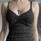Patchwork Lace Trim Cami Top V Neck Sleeveless Slim Fit Tank Top