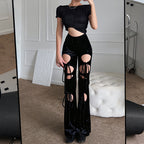 Y2K Lace Up Velvet Skinny Pants High Waist Hollow Out Pencil Trousers