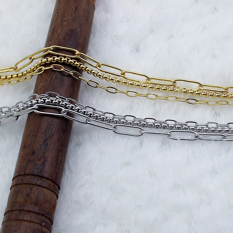 18k Gold Plated Paperclip Box Chain Triple Layer Necklace