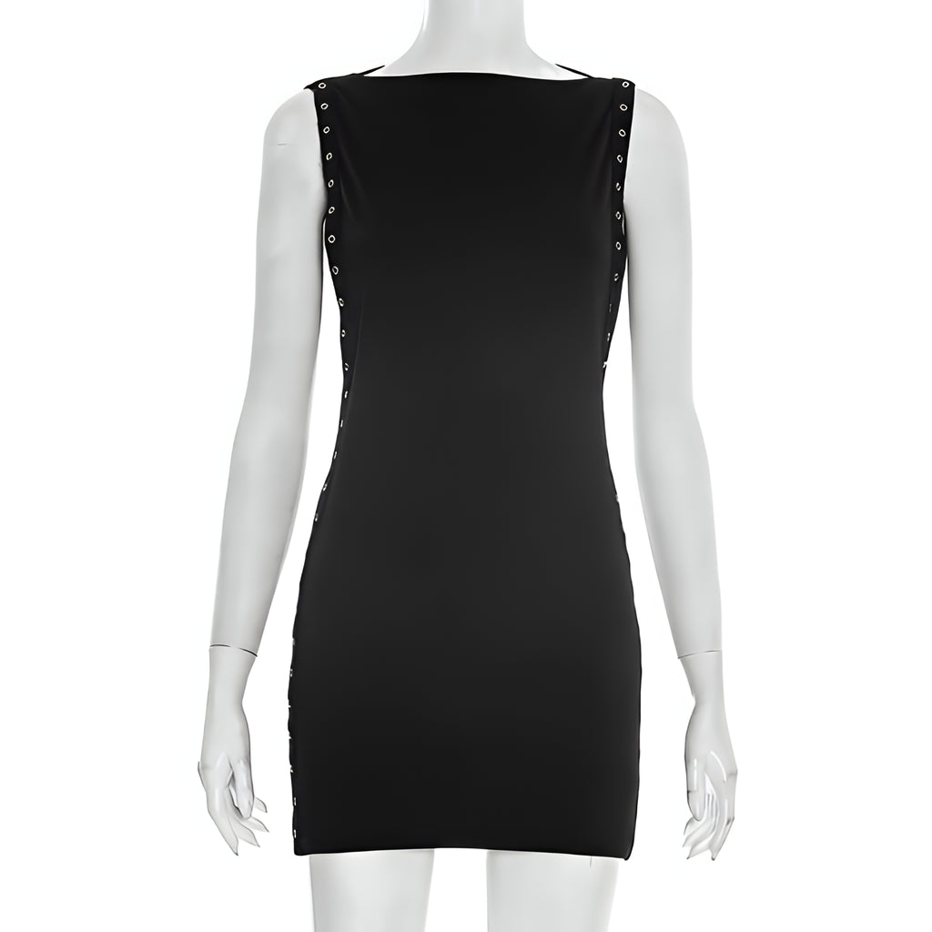 Solid Color Hollow Out Mini Shirt Dress Sleeveless Streetwear