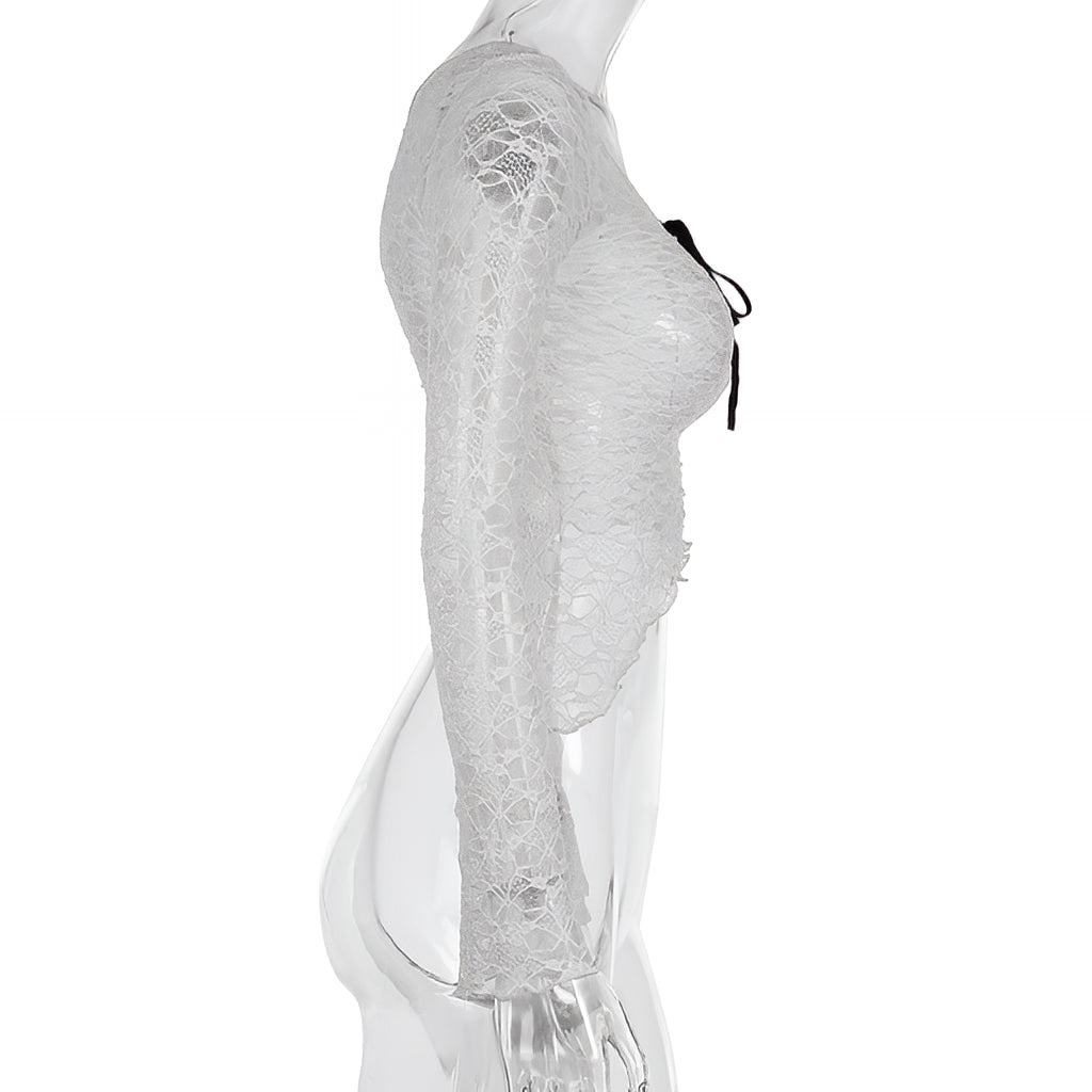 Lace Crop Top Contrast Bandage Long Sleeve Y2K Tee