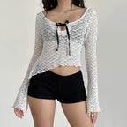 Lace Crop Top Contrast Bandage Long Sleeve Y2K Tee