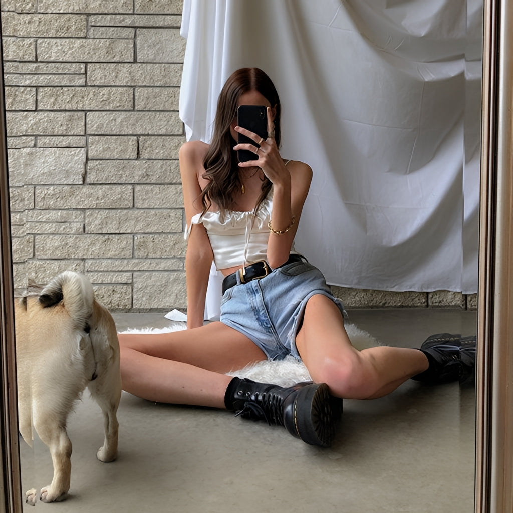 Satin Lace Up Bow Crop Top Sleeveless Cami Tank