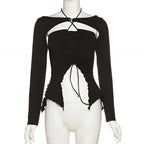 Hollow Cut Out Lace Up Long Sleeve Blouse Casual Slim Fit Top
