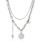 Double Link Chain Necklace Cross Circle Laser Engrave