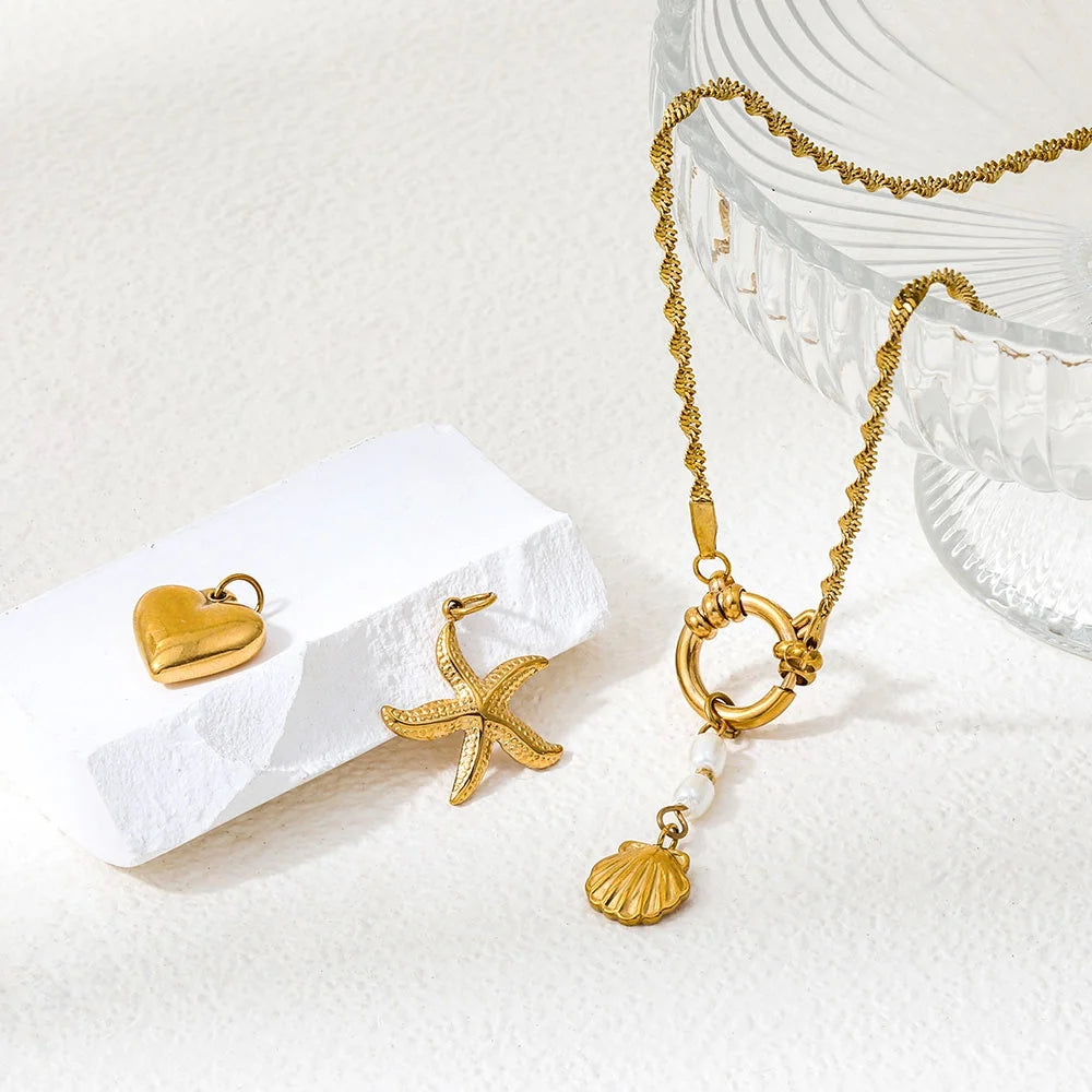 Joolim PVD Plated Wholesale Waterproof Starfish Shell Heart Pearl Pendant Multi Charm Toggle Necklace Stainless Steel Jewelry